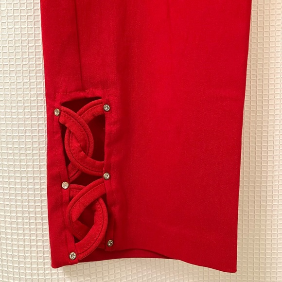 Red cropped pants w/ rhinestone & cutout side hemline accents, Attire NY size 6 - Picture 3 of 14